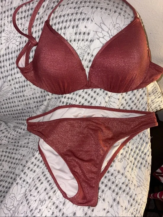 Shade & Shore Shimmery Rust Red Bikini Set 36B top and medium bottoms - Picture 1 of 7